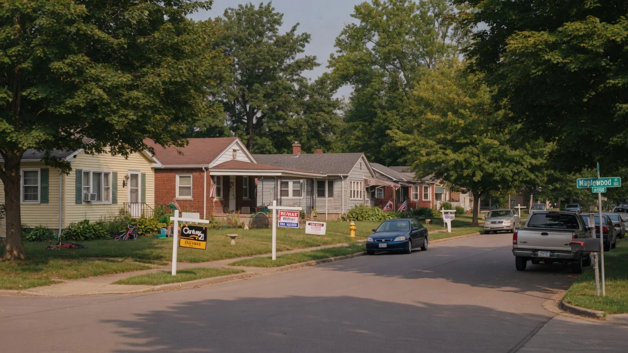 A quiet residential street in a Dayton Ohio suburb with a mix of older homes, for-sale signs, and mature trees on a summer afternoon