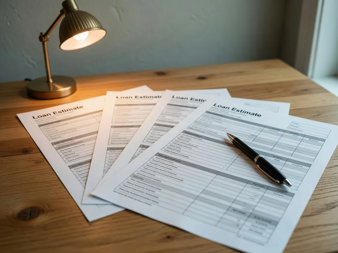 A Loan Estimate form fanned across a desk with a pen, ready to be compared line by line