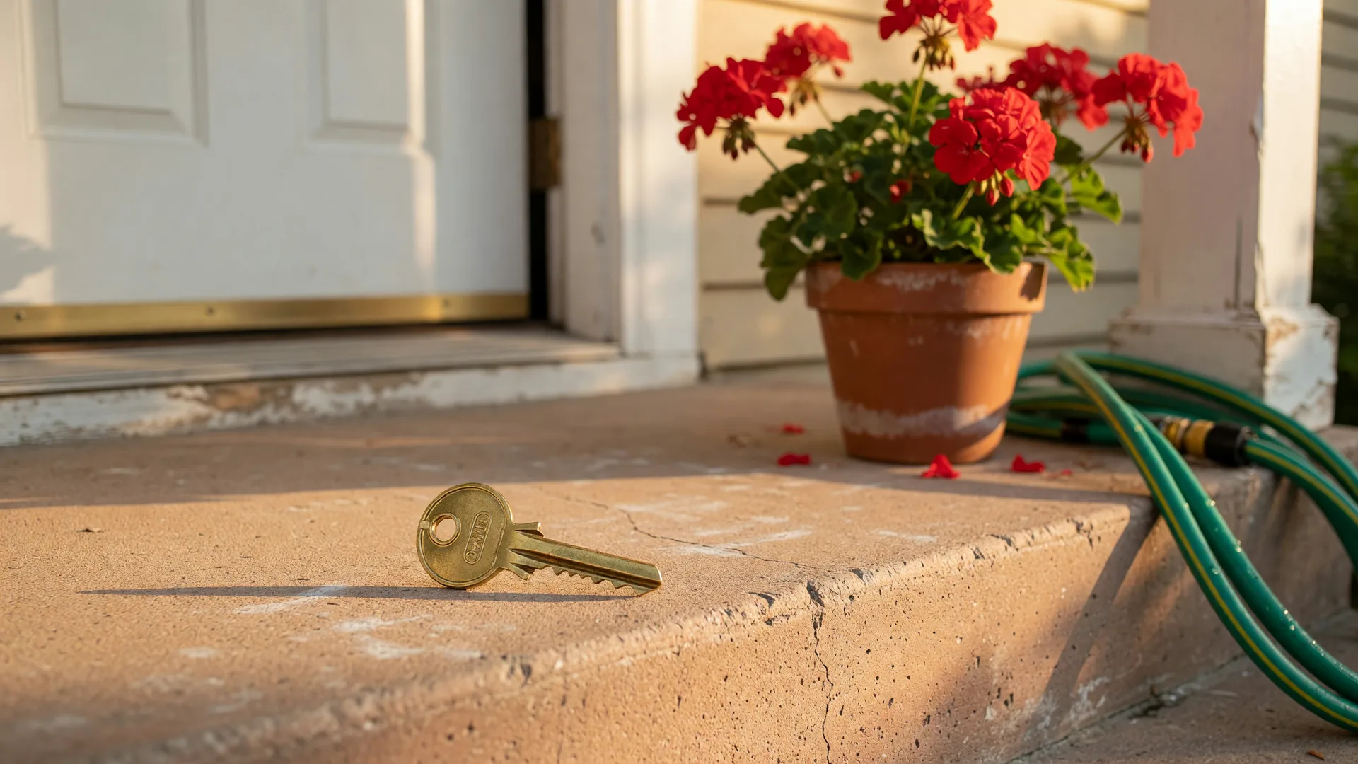 A brass house key on a sun-warmed porch step with a geranium in the background