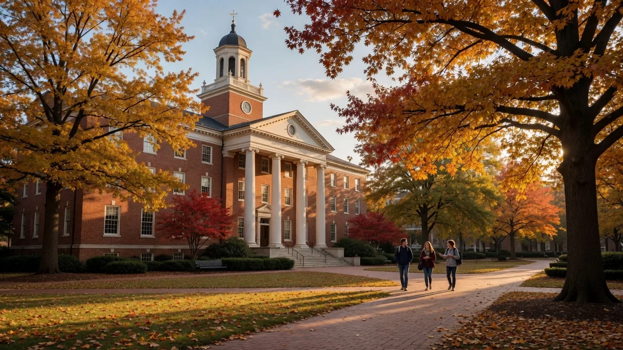 Historic Davidson College campus with Chambers Building in autumn