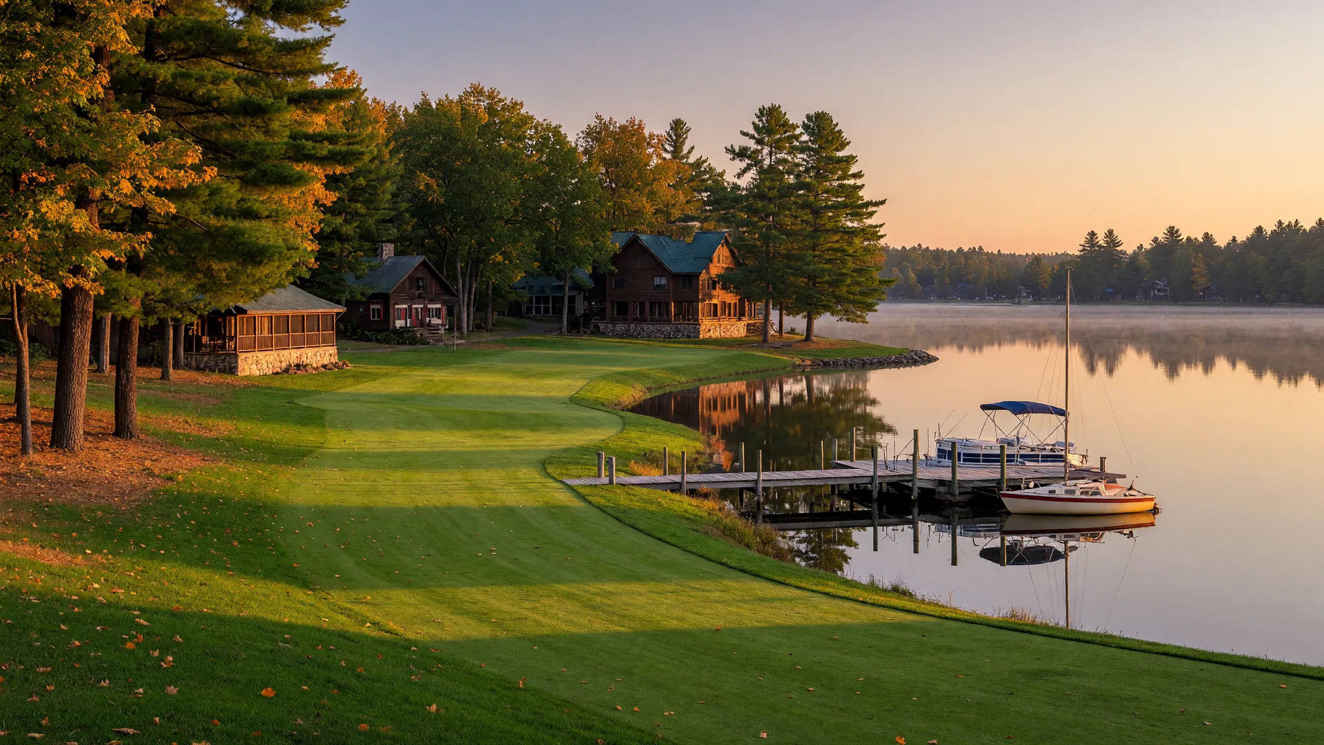 Classic lakeside Minnesota resort with a golf fairway rolling to Gull Lake's shoreline and a wooden dock at golden hour