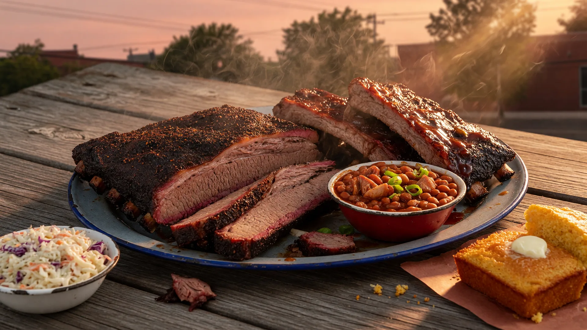 A platter of slow-smoked Texas-style brisket, pork ribs, and classic Southern sides on a rustic wooden table at golden hour