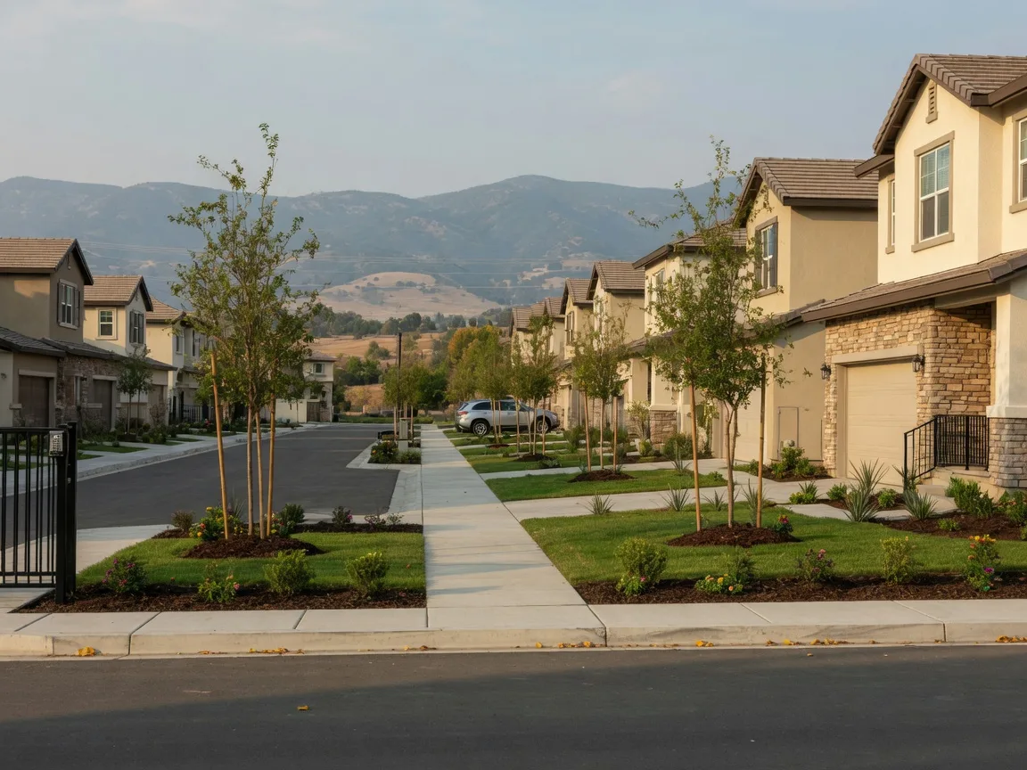 A newer gated residential community in northeast Merced near UC Merced with modern stone-and-stucco tract homes, fresh landscaping, and the Sierra Nevada foothills in the distance