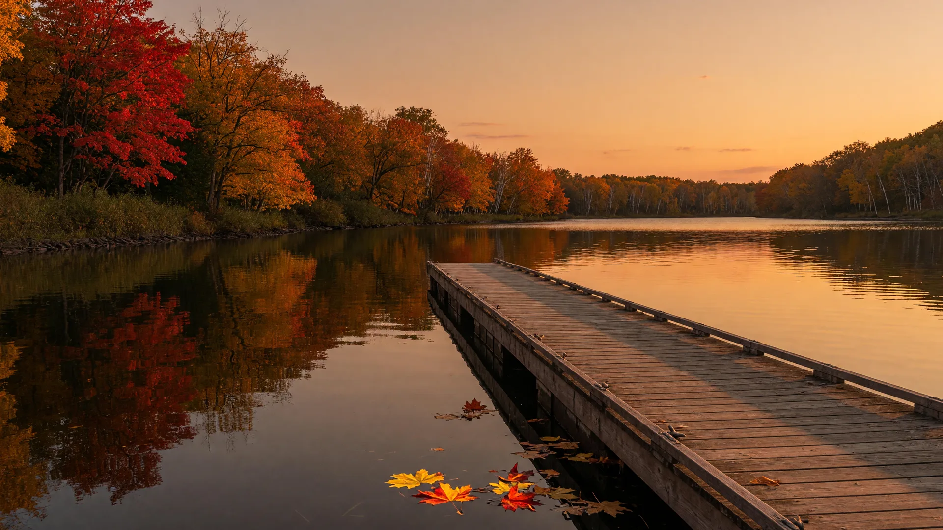A Minnesota north-woods lake at golden hour in mid-October with late-season color along a long wooden dock