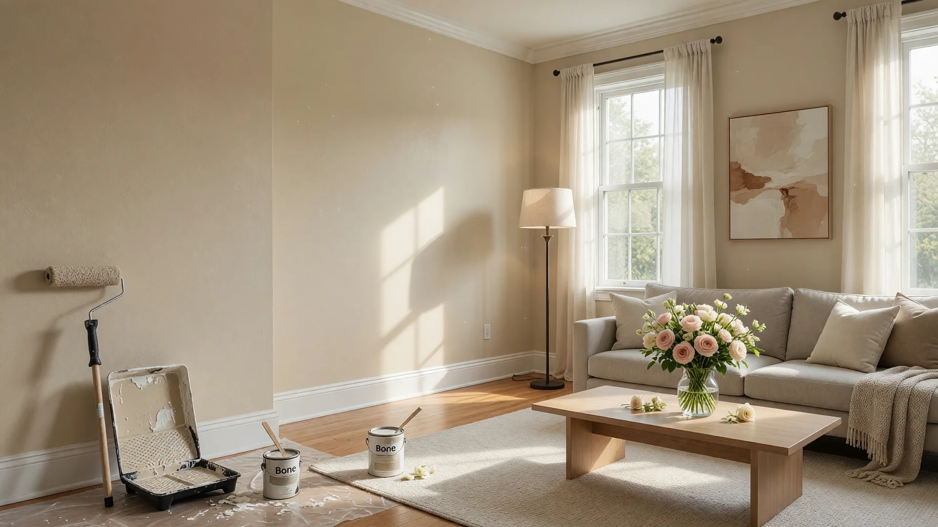 A freshly painted living room with soft neutral walls, modern furniture, and natural light, showing a paint roller and tray in the corner
