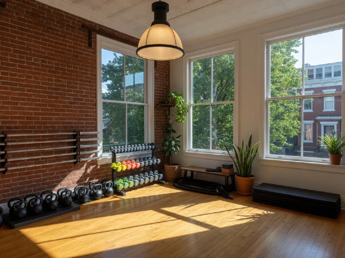 Bright interior of Jade Fitness fitness studio in Capitol Hill DC with polished wood floors, exposed brick accent wall, modern workout equipment including kettlebells and dumbbells, and large windows with leafy tree views letting in morning sunlight
