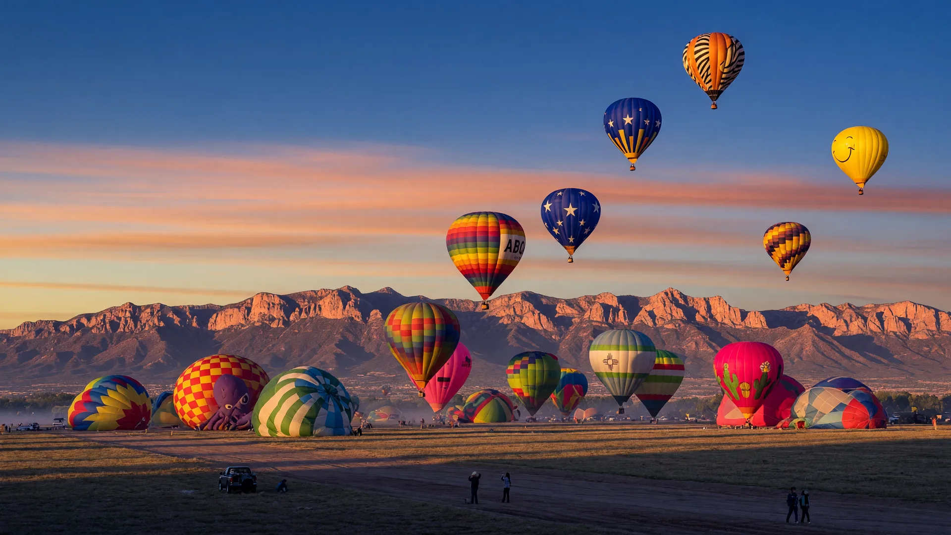 Colorful hot air balloons rising over the Balloon Fiesta launch field at dawn with the Sandia Mountains glowing in the background