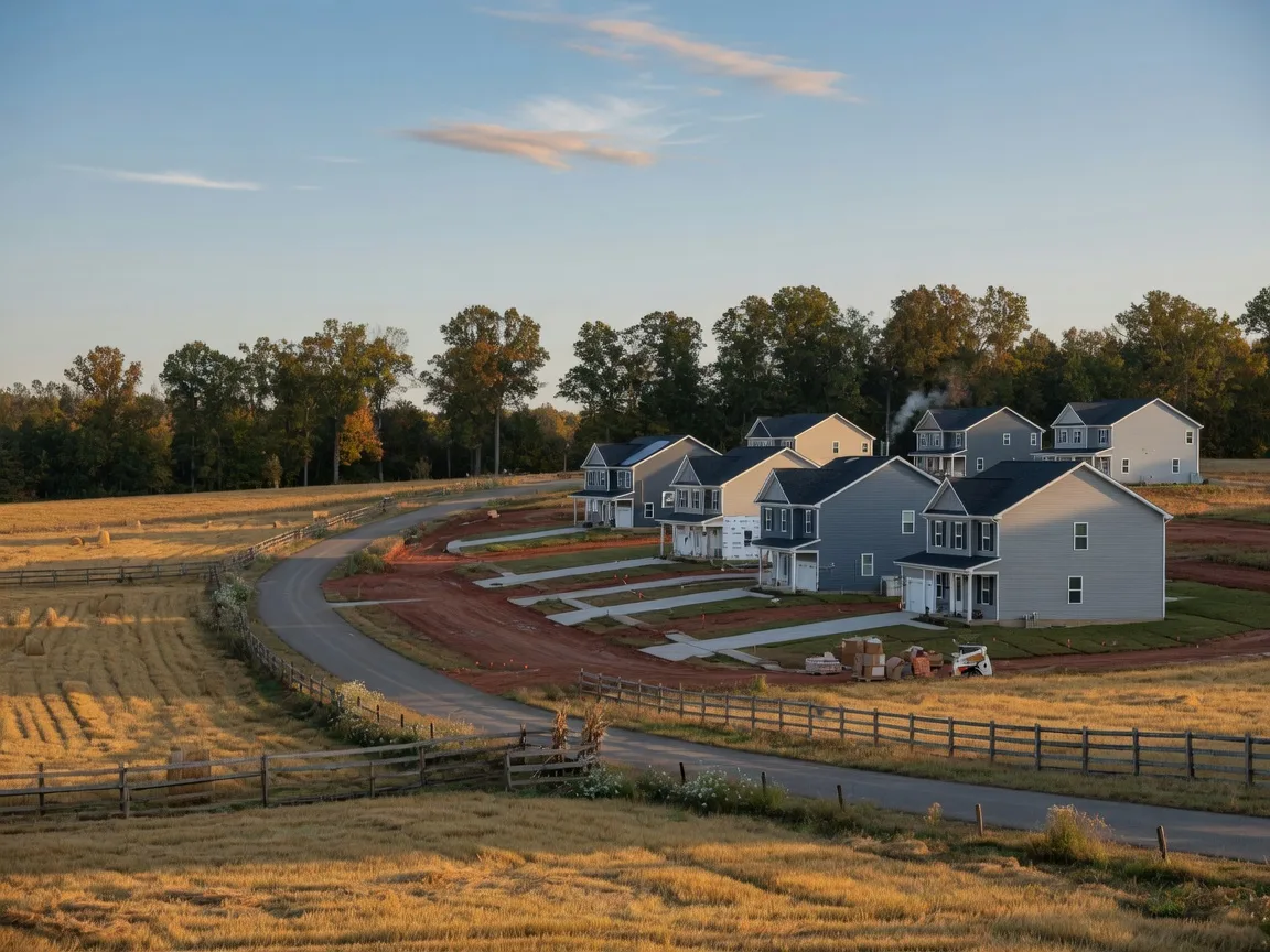 Caroline County Virginia farmland transitioning into new residential development on a fall morning