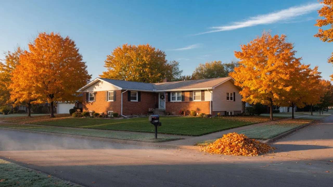 Brick ranch home in Northwest Indiana on a crisp October morning with maple trees in orange and gold fall color, a neat pile of raked leaves at the edge of the lawn, and clear gutters along the roofline