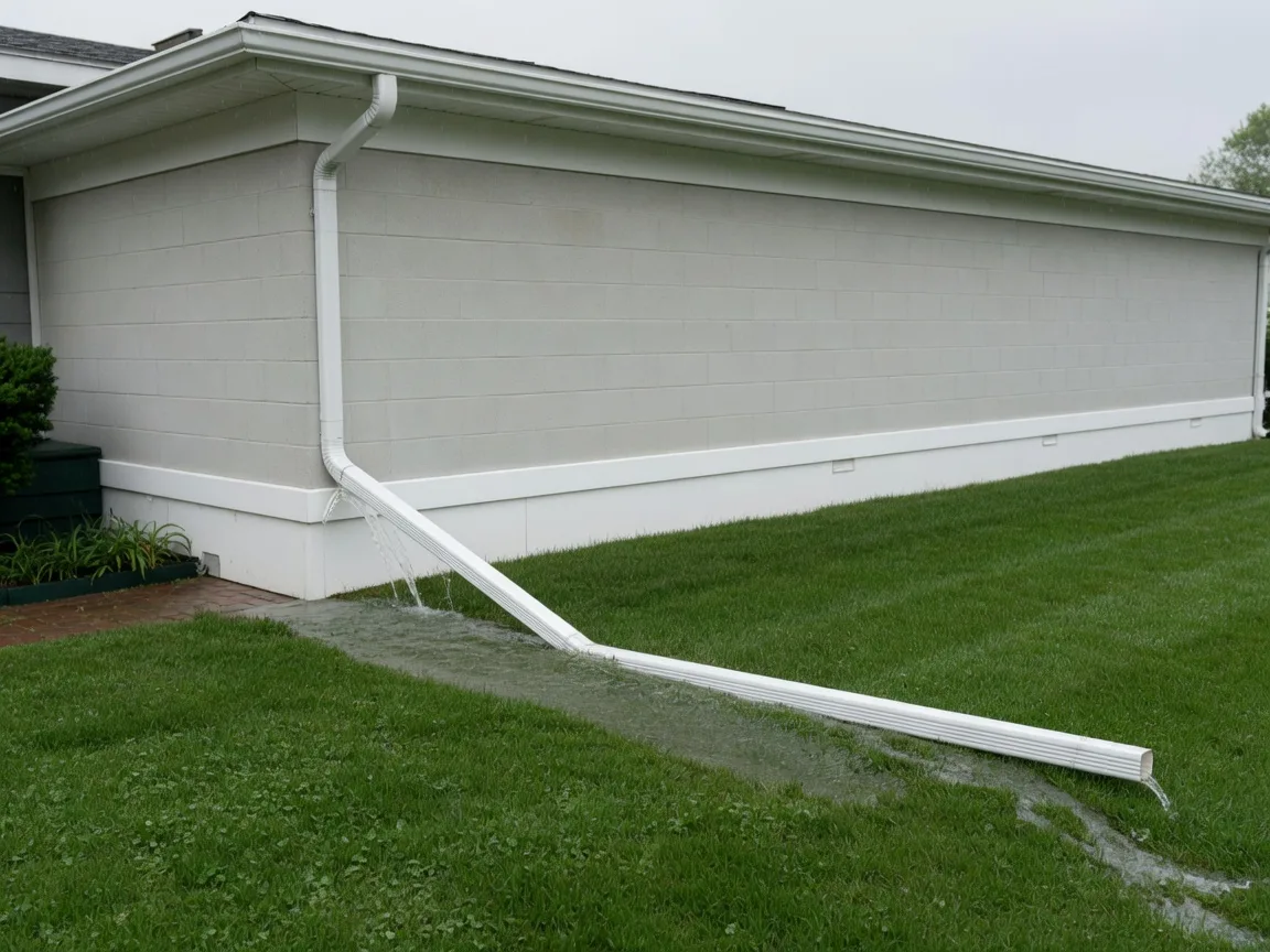 A downspout extension on a suburban Mount Laurel home directing rainwater several feet away across the lawn on a rainy day
