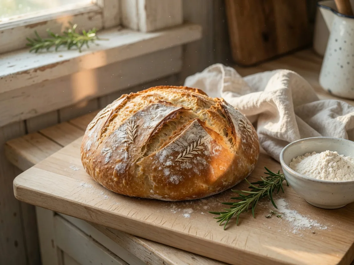 A golden, flour-dusted sourdough loaf on a wooden board in warm morning light