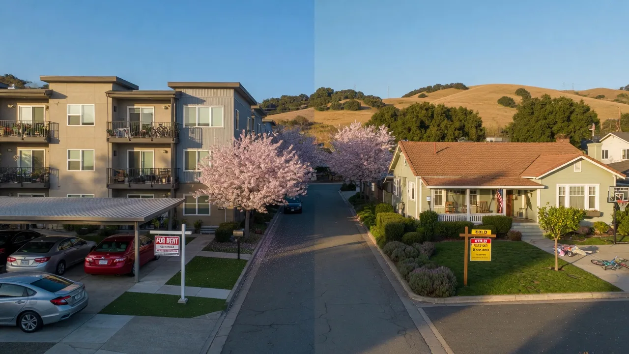 Split scene showing a rental apartment building and a single-family home with a Sold sign in a Northern California suburban setting
