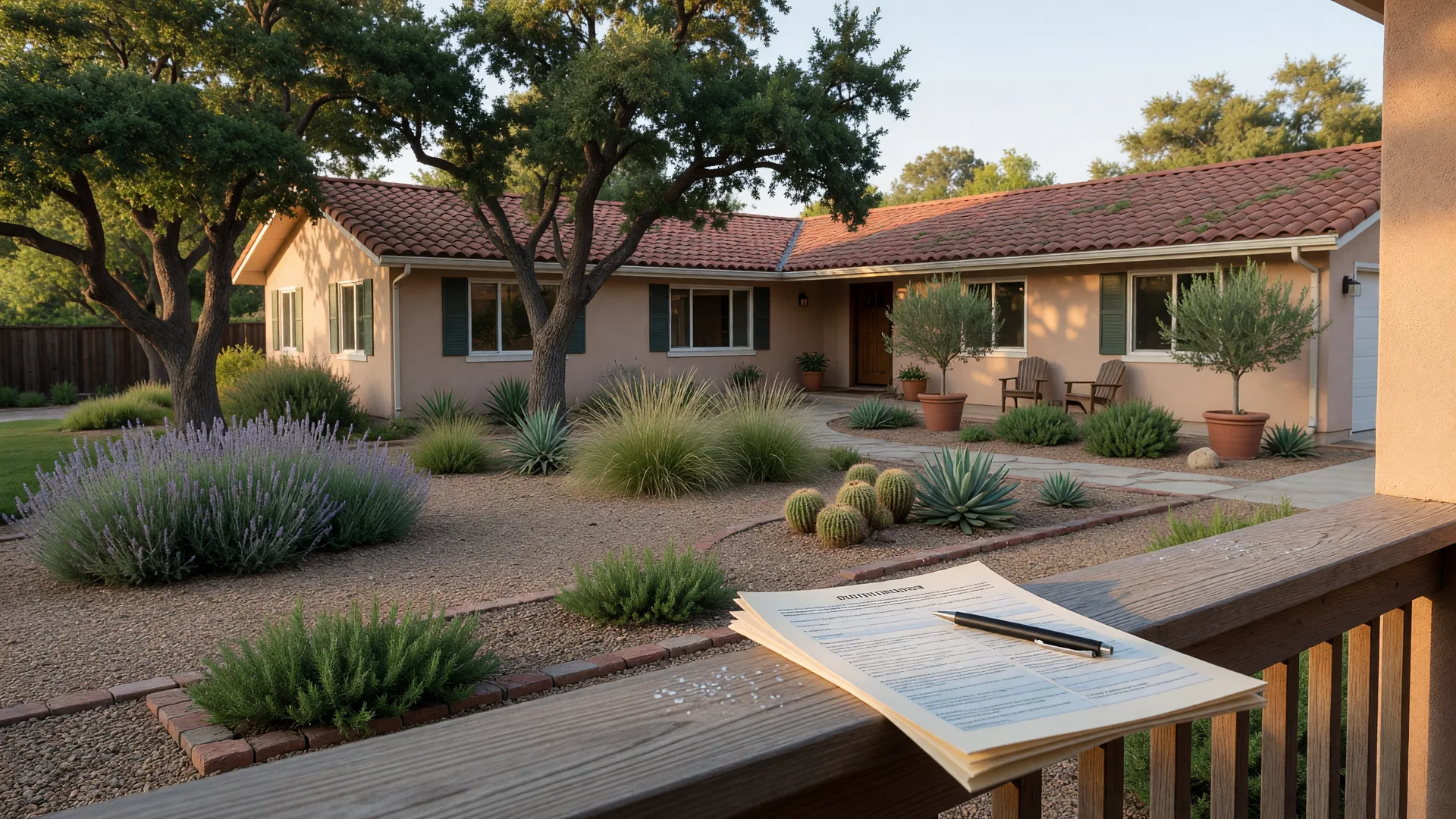 Single-story California ranch-style home with red tile roof and drought-tolerant landscaping, an insurance policy document on a wooden porch railing