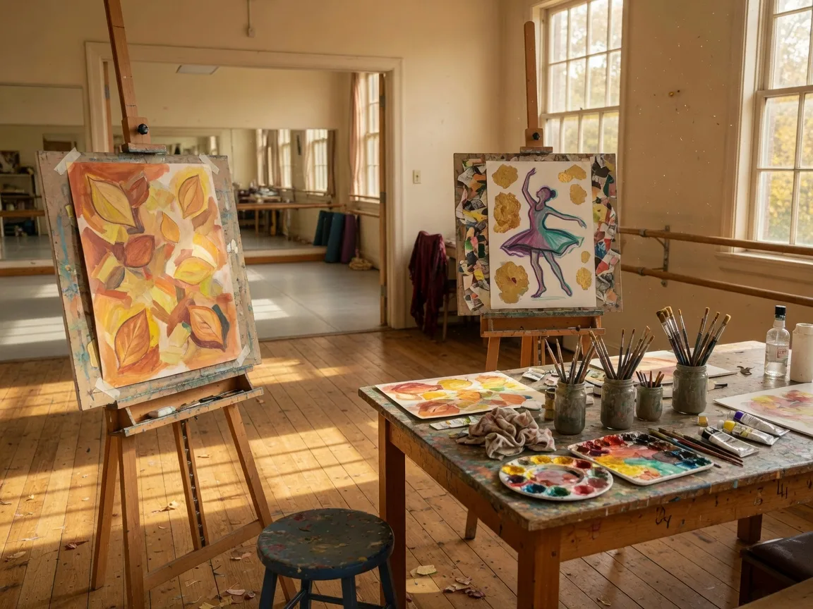 A sunlit school arts studio in autumn light, with easels holding student paintings in progress, jars of paintbrushes on a wooden table, and a mirrored dance studio visible through an open doorway