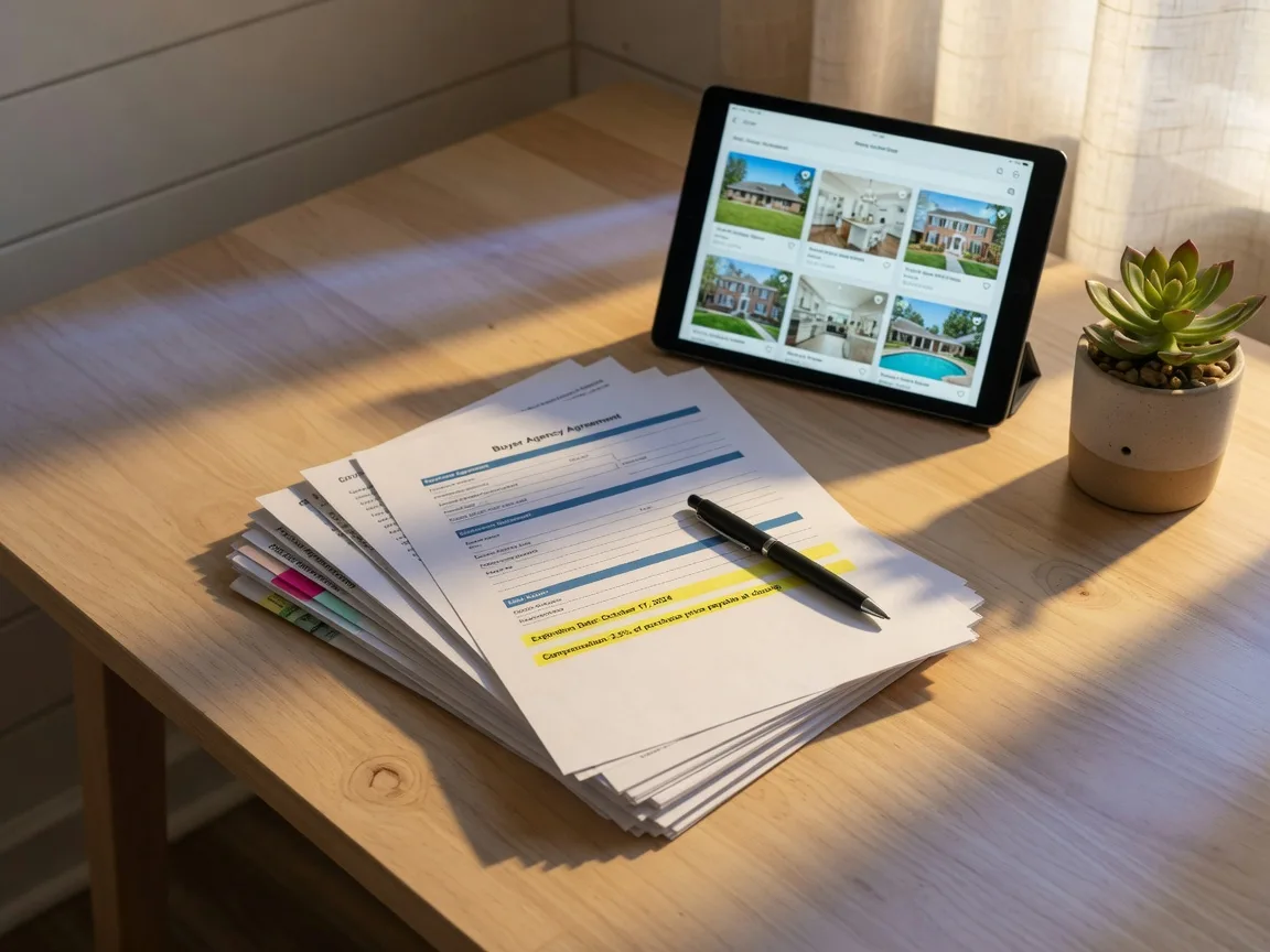 A stack of real estate documents on a home office desk with a highlighted expiration date and compensation line on a buyer agency agreement, a pen resting on top, and a tablet showing a home listings app beside a small potted plant in warm window light