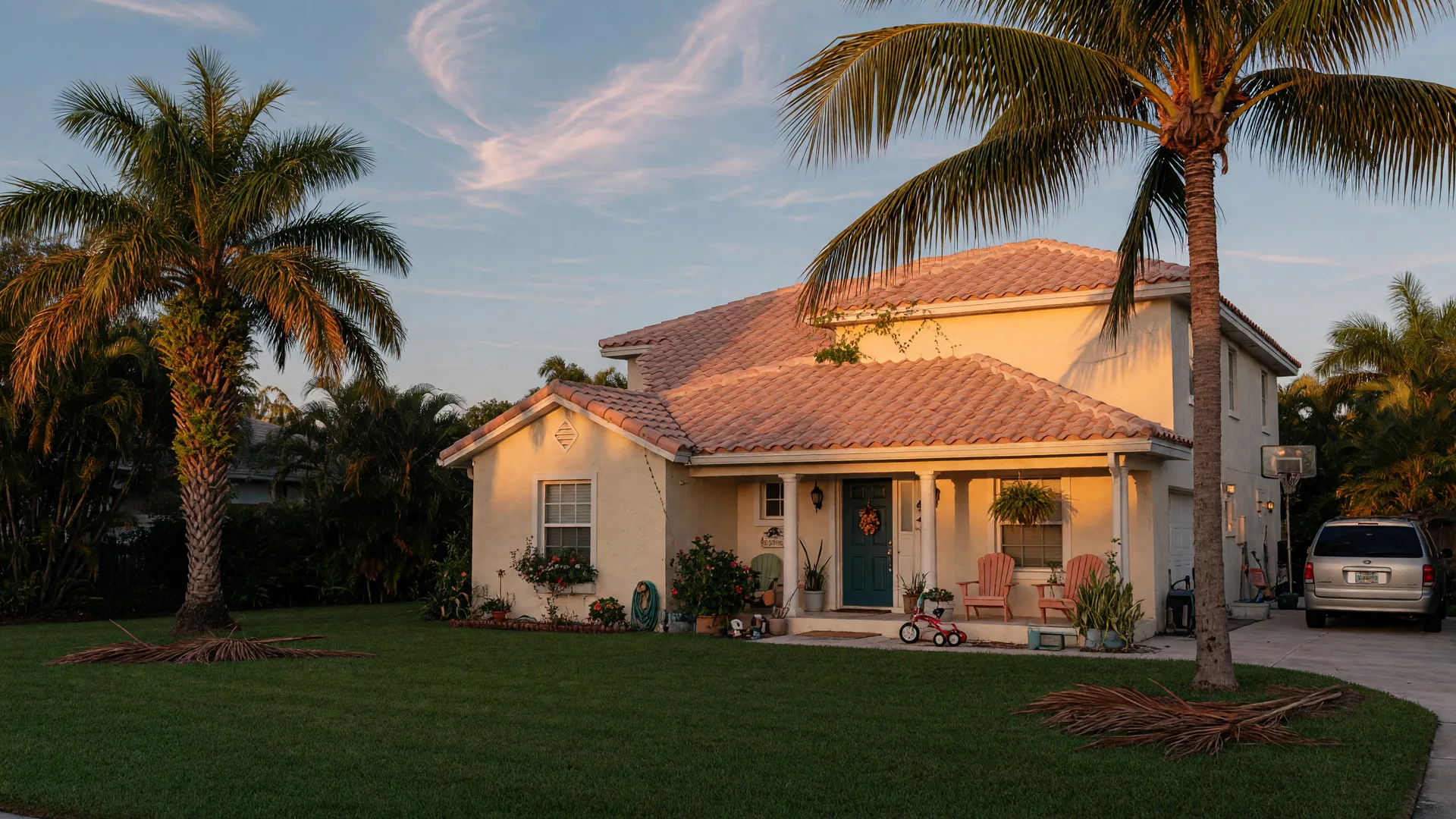 A cream stucco Florida home with a barrel-tile roof on a manicured, palm-lined lawn at golden hour.
