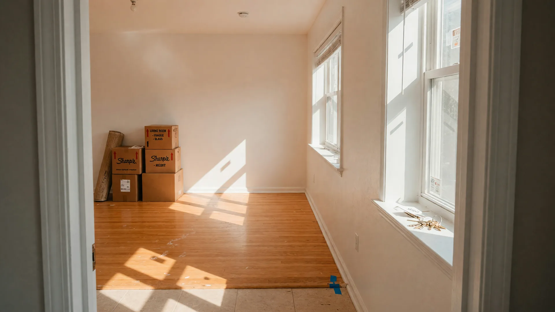 Sunlit empty living room of a newly purchased home on move-in day, brass keys on the windowsill and moving boxes stacked near the wall