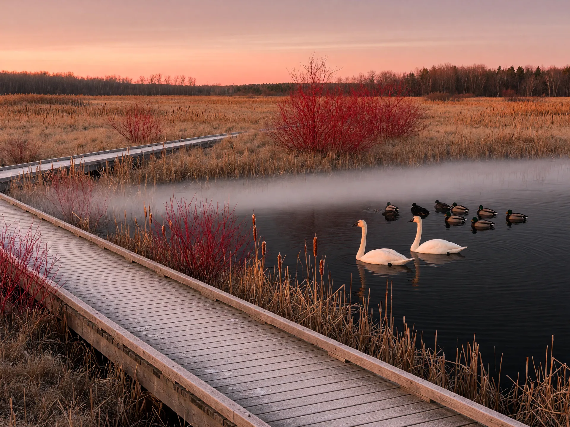 A frosty boardwalk over Cranberry Marsh at Lynde Shores Conservation Area near Whitby at sunrise, with tundra swans and ducks on misty water and golden marsh grasses
