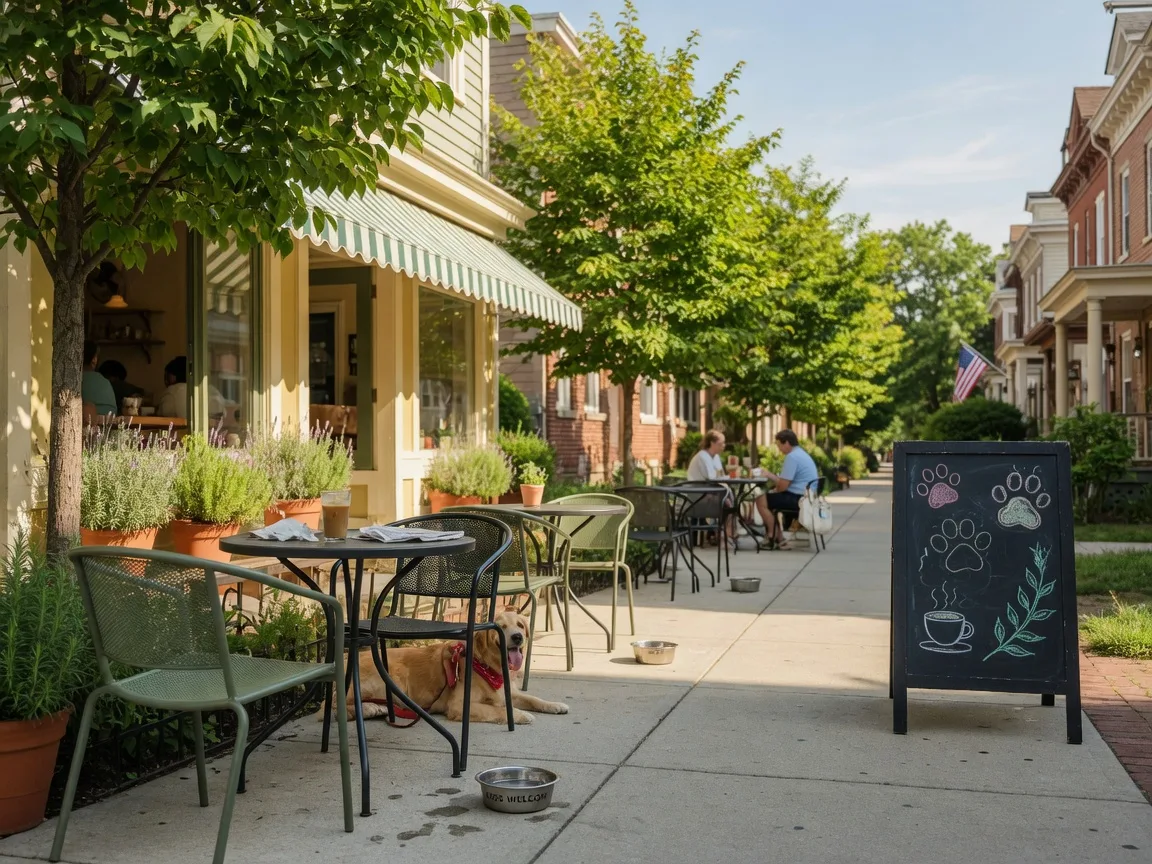 A sunny daytime sidewalk cafe patio in an Arlington neighborhood with outdoor seating, a water bowl on the pavement, and leafy green trees overhead