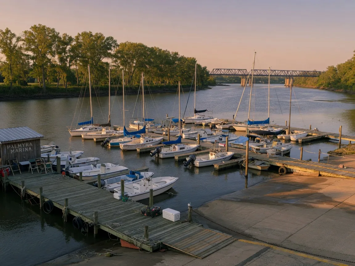 Sailboats and powerboats moored at a small marina on the Delaware River near Palmyra New Jersey in late-afternoon light