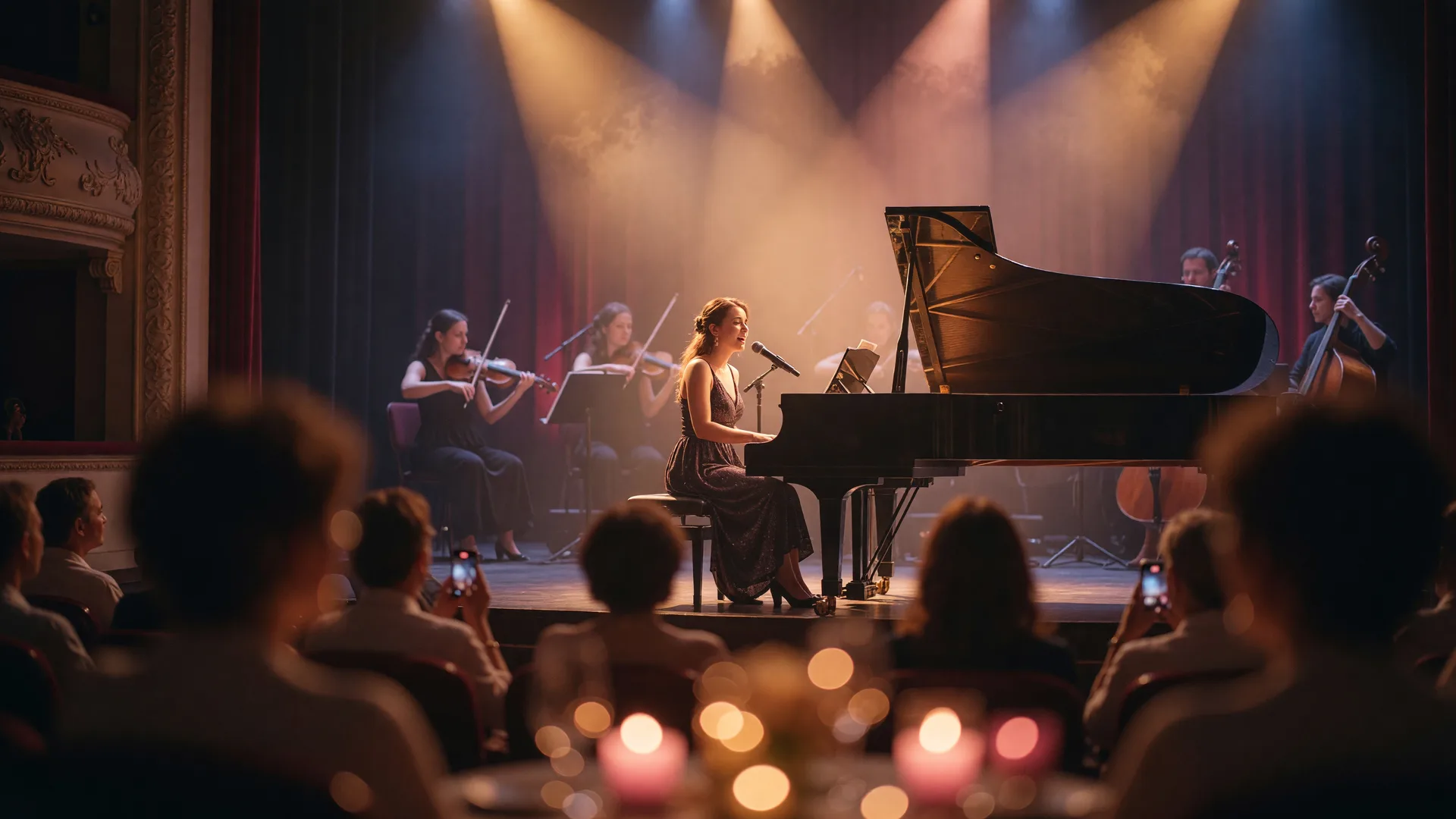 A vocalist at a grand piano bathed in golden stage light with string section silhouettes behind in a warm dreamy theater
