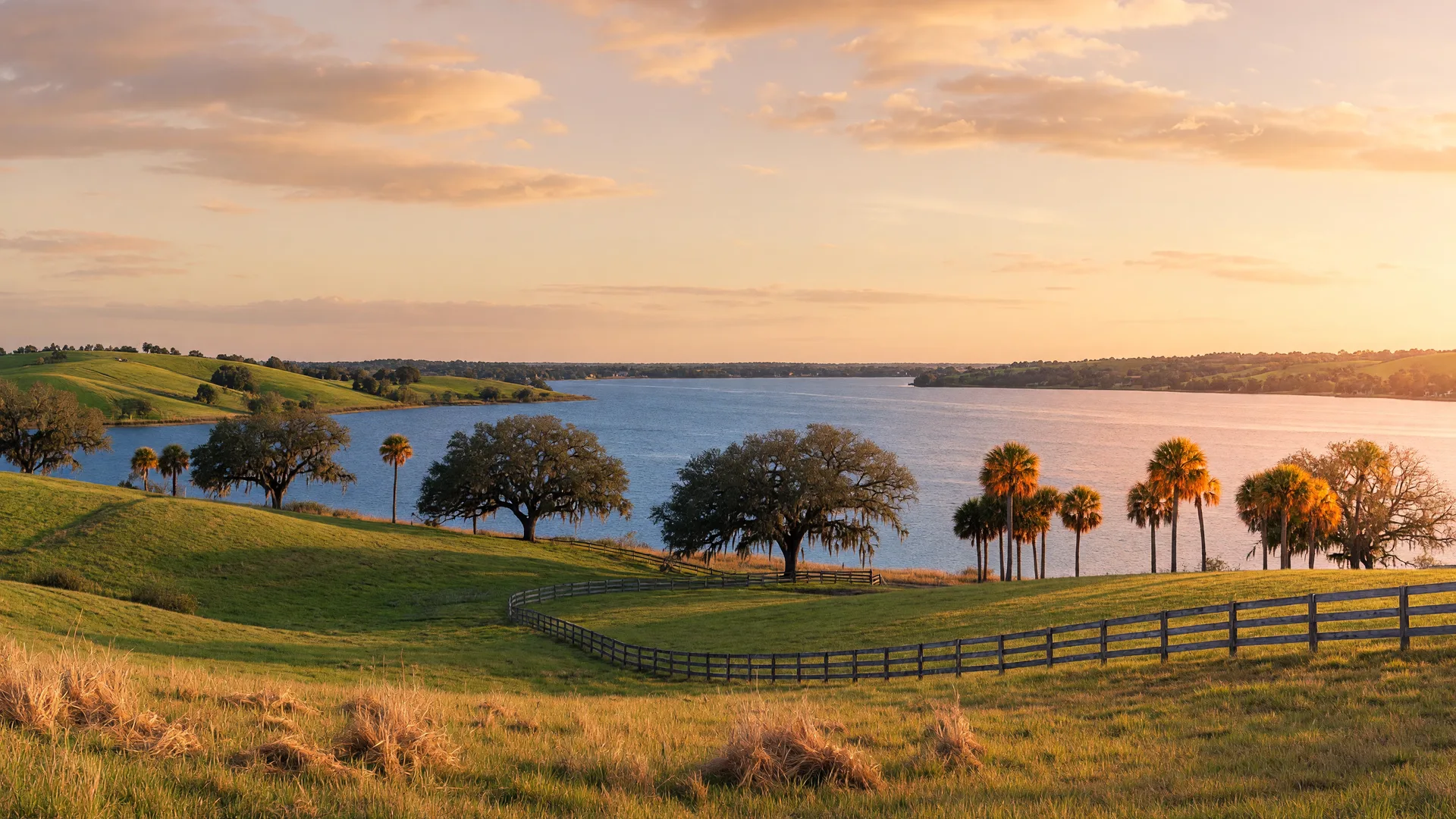 Central Florida lake country at golden hour, rolling hills and a wide lake