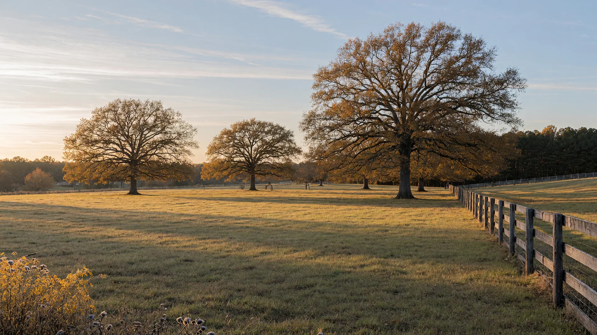 A quiet pasture of family land in Georgia in soft autumn morning light, with mature oak trees and a weathered fence line, representing a piece of land inherited by several siblings