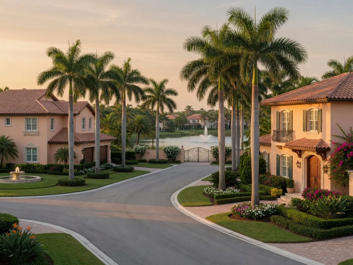 Illustrative palm-lined street inside a Mediterranean-style South Florida gated community