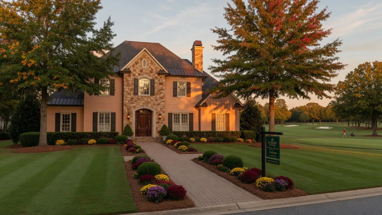 Luxury stone and stucco estate home in an upscale Georgia golf course community in early October with a For Sale sign in the front yard and turning autumn leaves