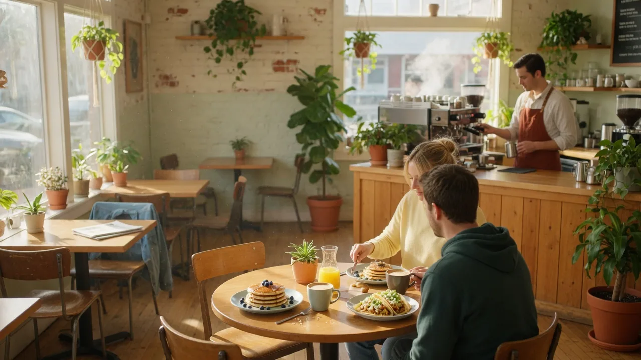 An illustrative bright neighborhood breakfast cafe on a weekend morning with coffee and breakfast plates on a wooden table
