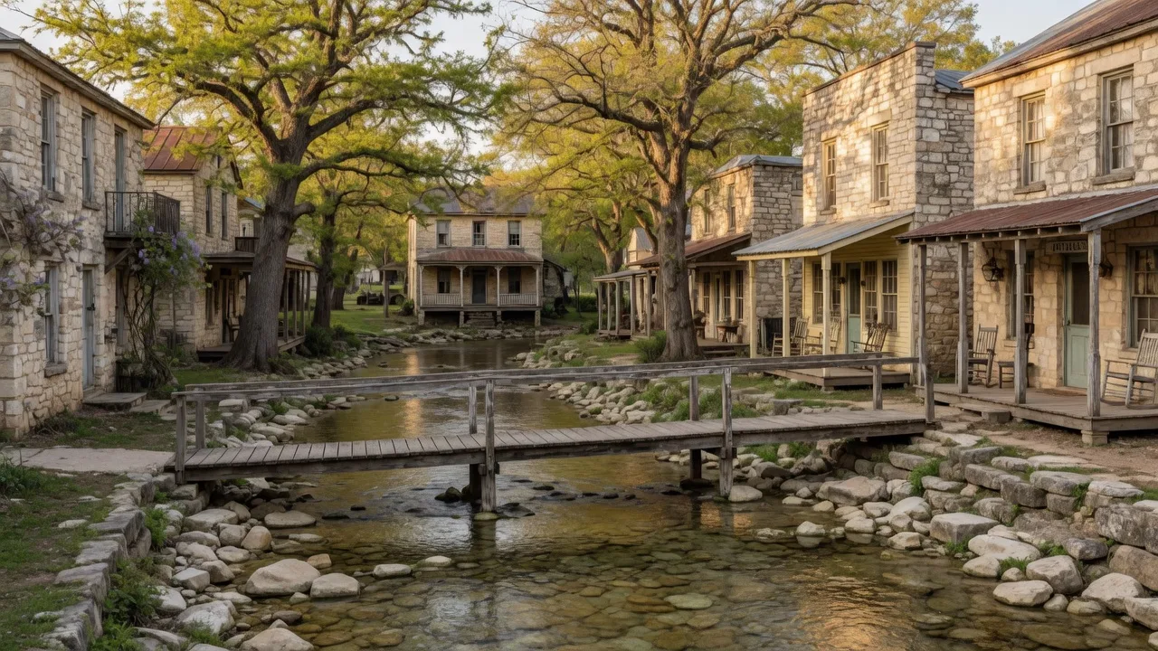Salado Creek running through the historic village with shops and an inn along the bank