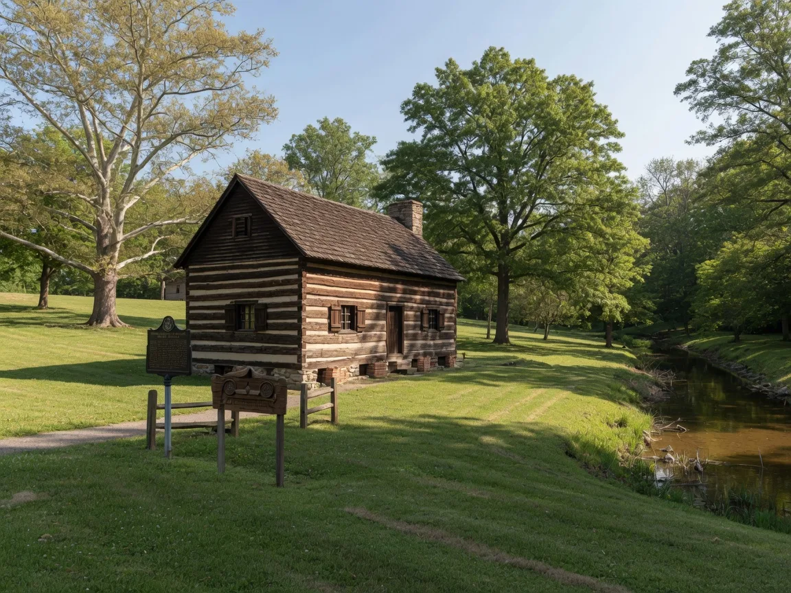 Morton Homestead in Prospect Park, Pennsylvania — one of the oldest dwellings in the state, a historic log cabin with historical markers along Darby Creek