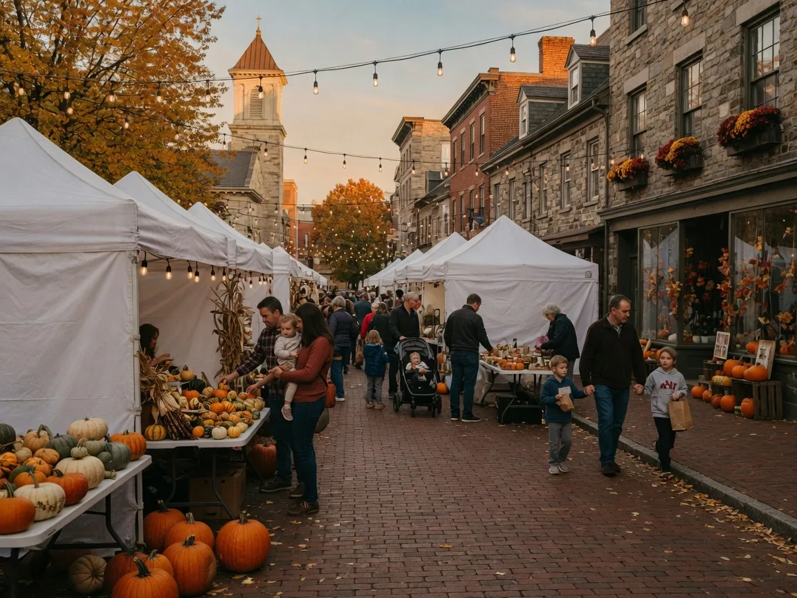 White vendor tents and strings of warm bulbs lining a brick street at an autumn festival in historic downtown Bethlehem