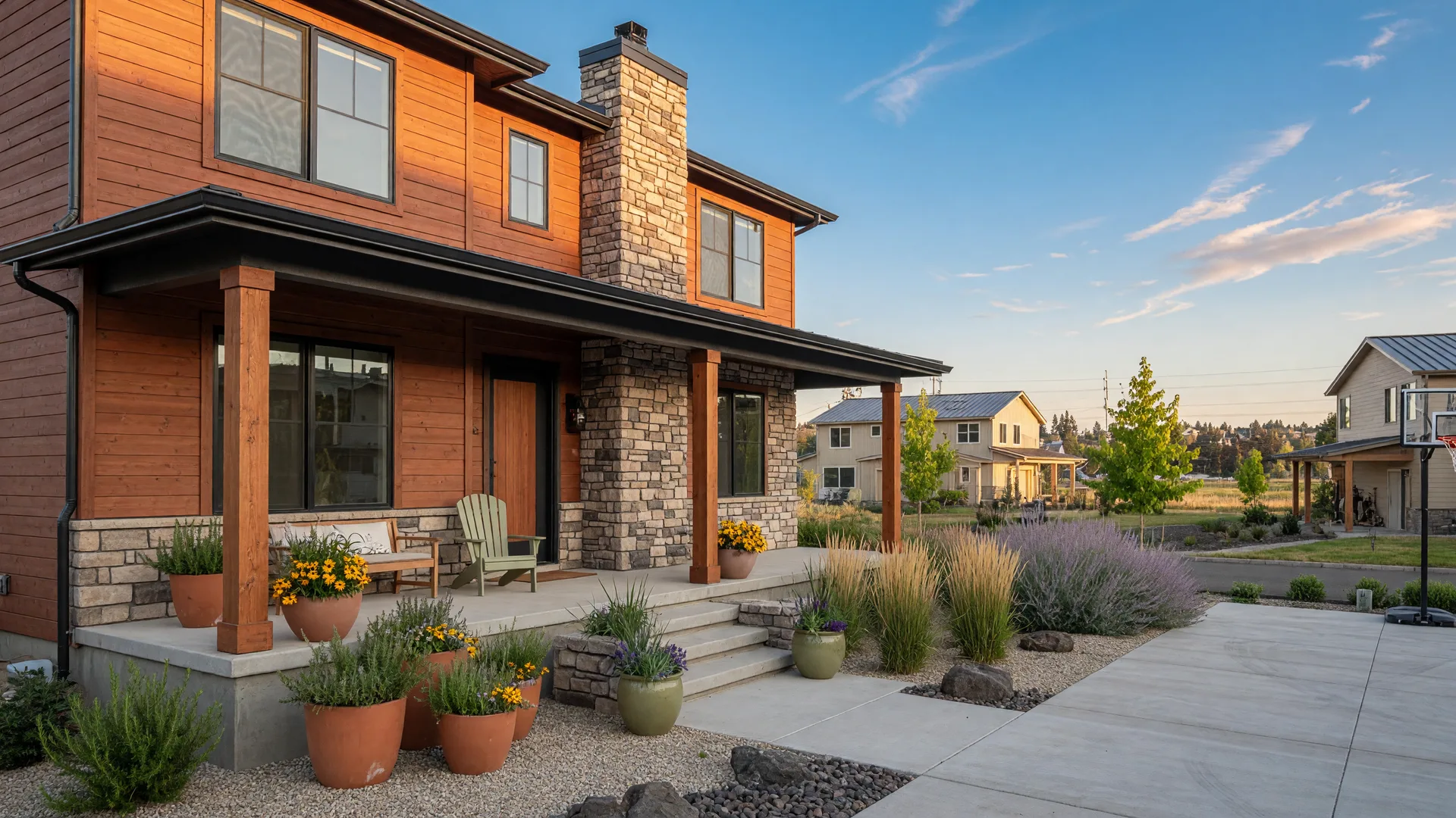 A modern new construction home with cedar siding and stone accents in a sunny Tri-Cities neighborhood