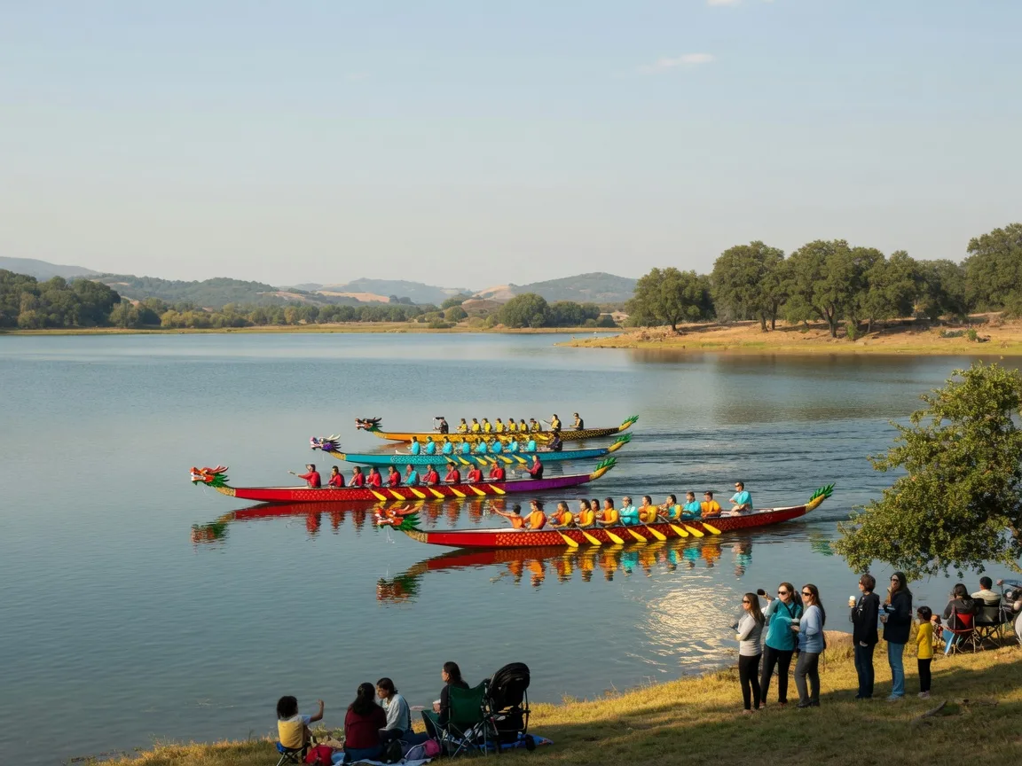 Long narrow dragon boats racing across Lake Yosemite near Merced, California on a bright September morning, with golden light on the water, spectator groups gathered along the grassy shoreline, and oak-lined hills in the distance
