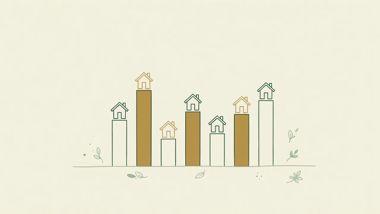 A line illustration of simple bars topped with small house outlines comparing home cost options