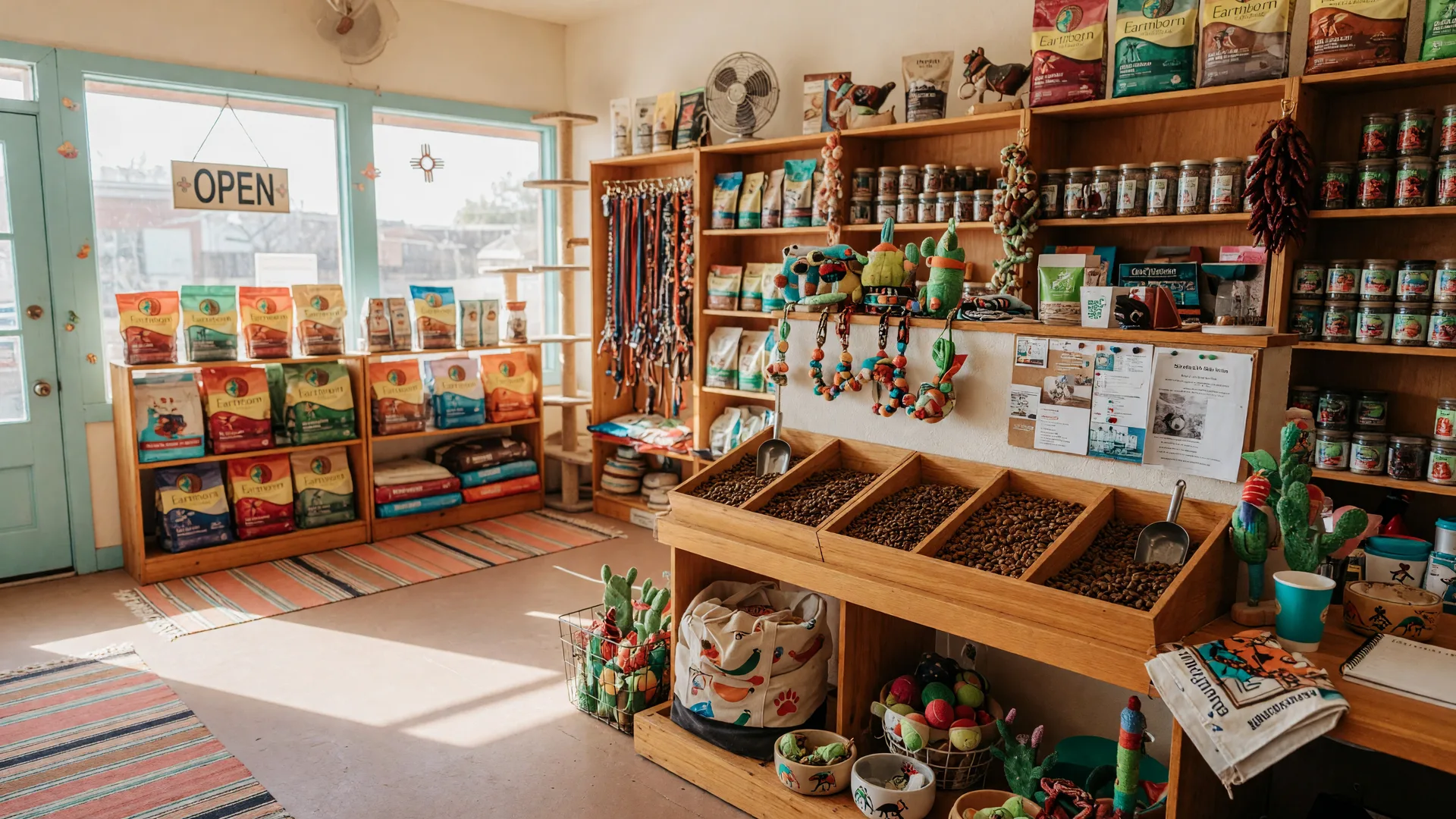 Warm and inviting interior of Clark's Pet Emporium in Albuquerque's Northeast Heights with well-stocked wooden shelves and a welcoming neighborhood atmosphere