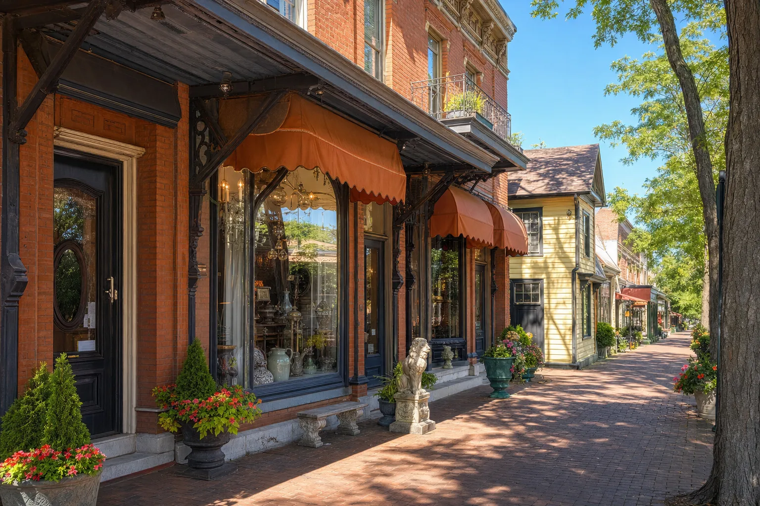 Antique Row storefronts lining Howard Avenue in Kensington, Maryland in daylight