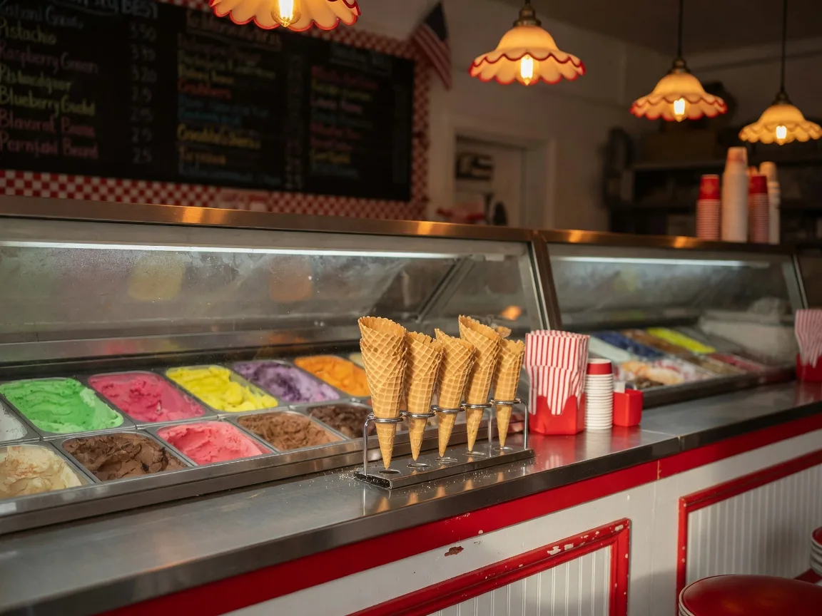 A classic neighborhood ice cream shop counter with colorful soft-serve and Italian ice flavors and waffle cones in warm light