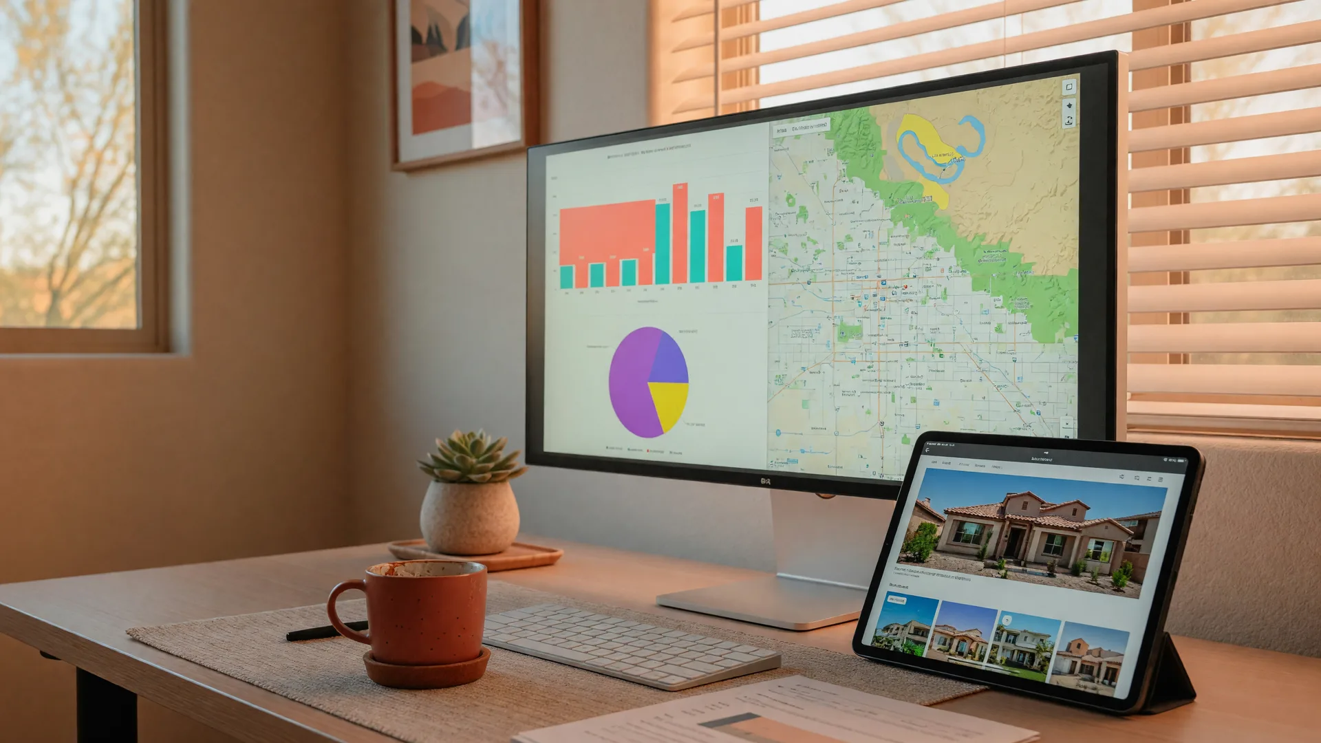 Modern home office workspace with a monitor displaying real estate data analytics and a map of Gilbert Arizona
