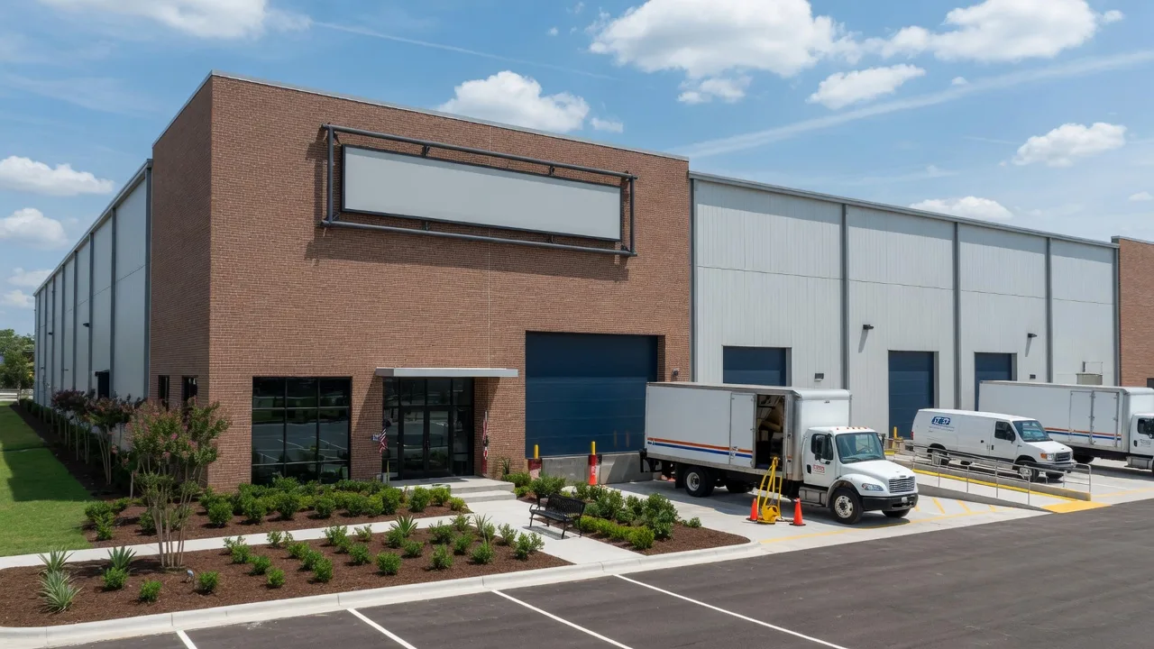 Modern plumbing and HVAC supply warehouse exterior at midday in a Texas commercial district with delivery trucks and blue sky