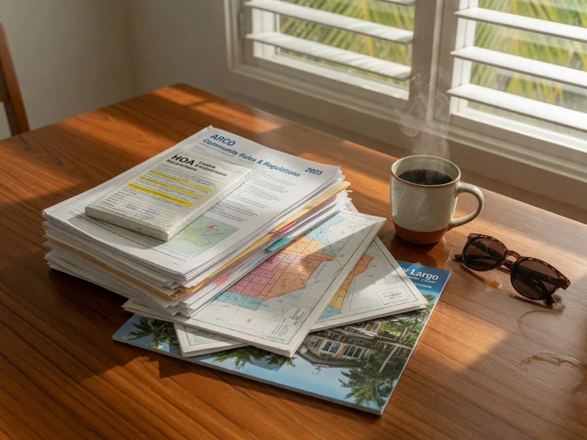 Stack of Florida Keys waterfront property documents including HOA covenants booklet, ARCO rules, survey maps, and property brochure on a teak table with morning light
