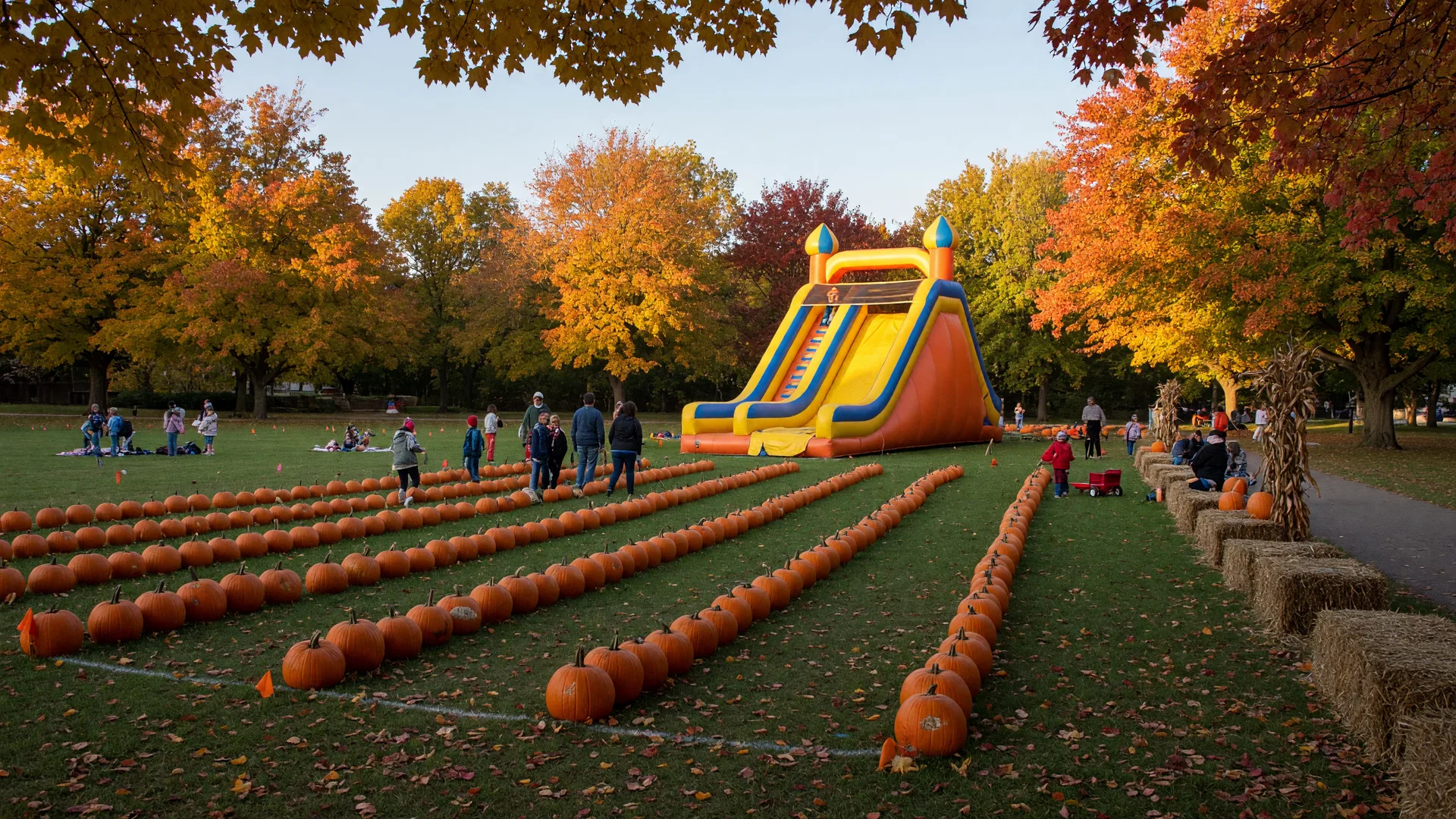 Autumn festival in a Minnesota city park with rows of pumpkins on the lawn, fall trees, and a bouncy slide in warm October light
