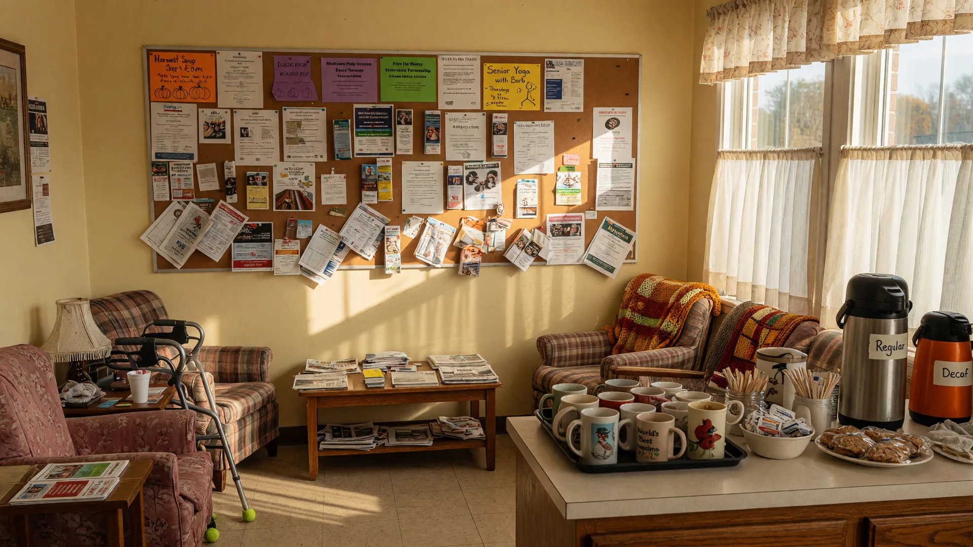 A warm photograph of a bright senior community center lobby in Northwest Indiana with a bulletin board of event flyers, a coffee station, and a comfortable seating area in soft autumn light