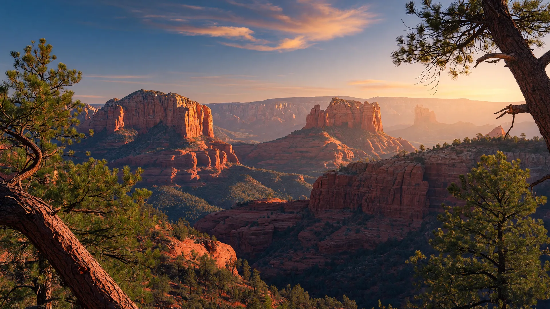 Sedona red rock buttes in golden light from a forested overlook
