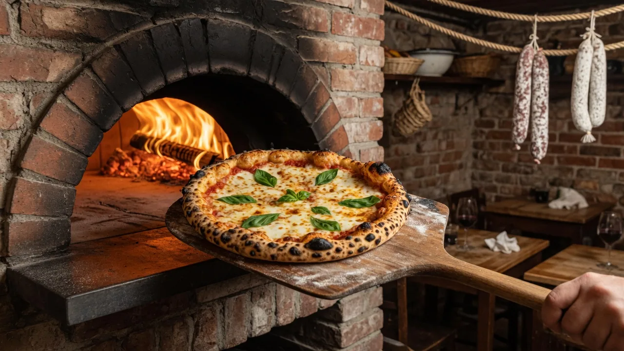 Authentic Neapolitan pizza being lifted from a wood-fired brick oven at Fuoco Pizzeria Napoletana in Fullerton, with melted mozzarella and fresh basil on leopard-spotted crust