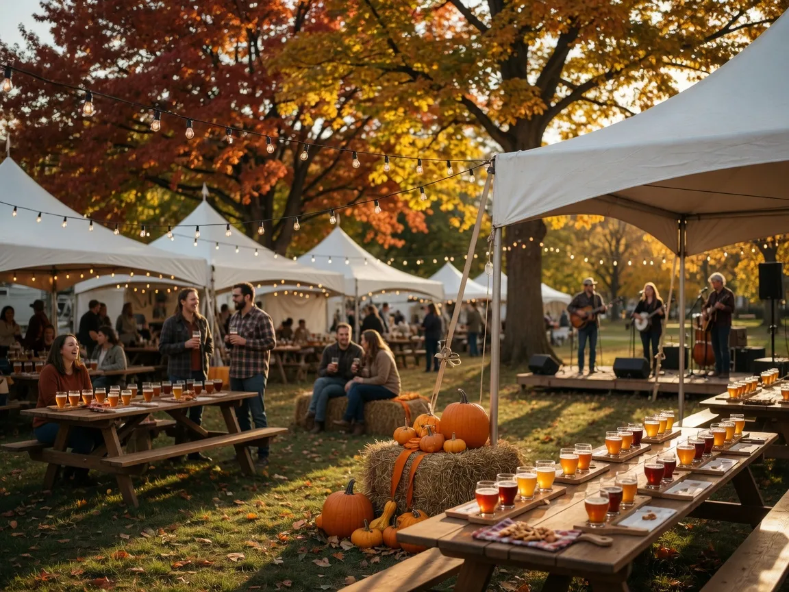 Autumn craft beer festival in a Midwestern park with tasting tents, long wooden tables and glasses, hay bales, pumpkins, and string lights in golden afternoon light