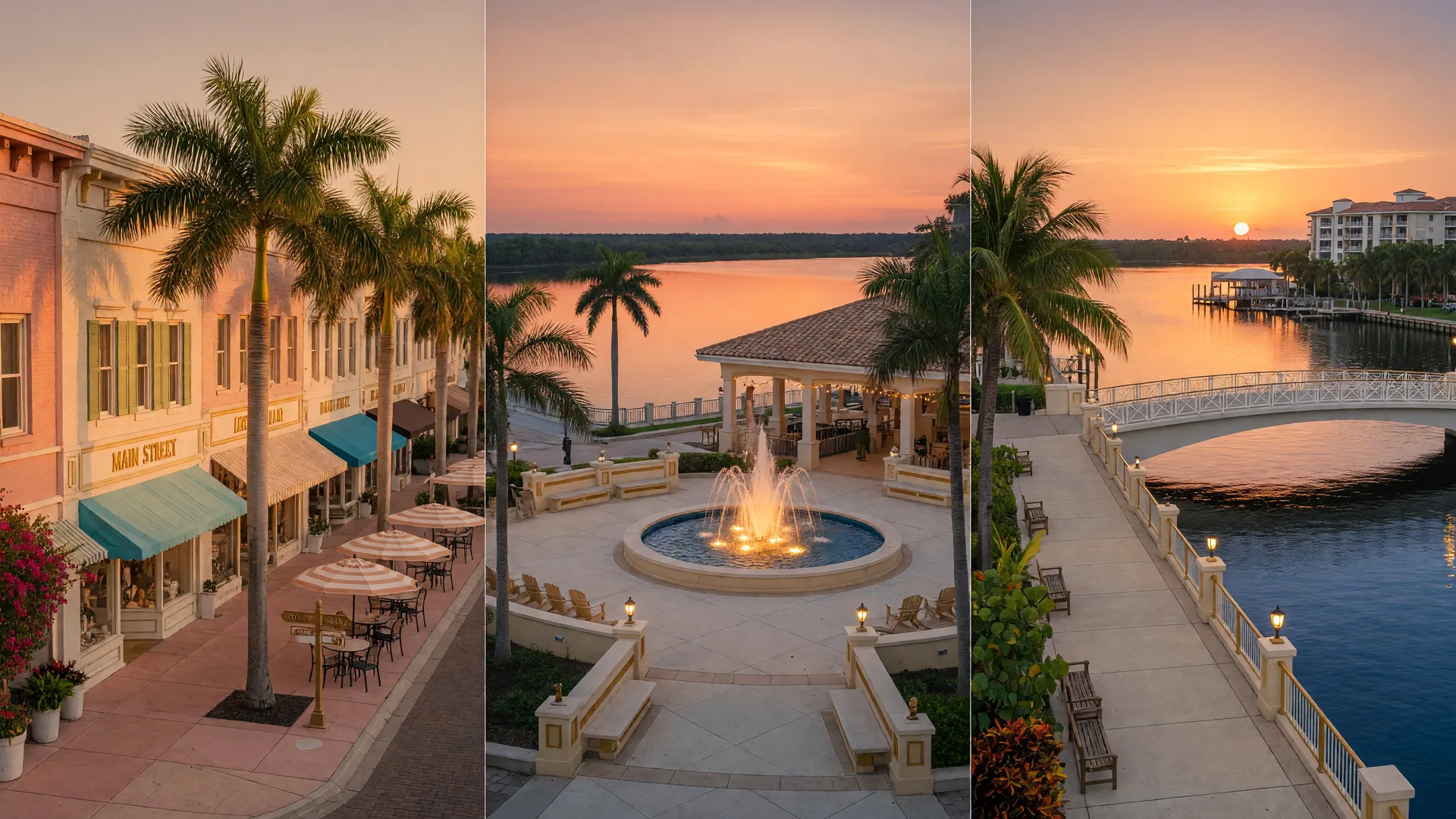 Three vibrant downtown districts at golden hour in Southwest Florida: a palm-lined historic Main Street, a modern lakefront town square with a fountain and pavilion,and a riverwalk promenade with a pedestrian bridge