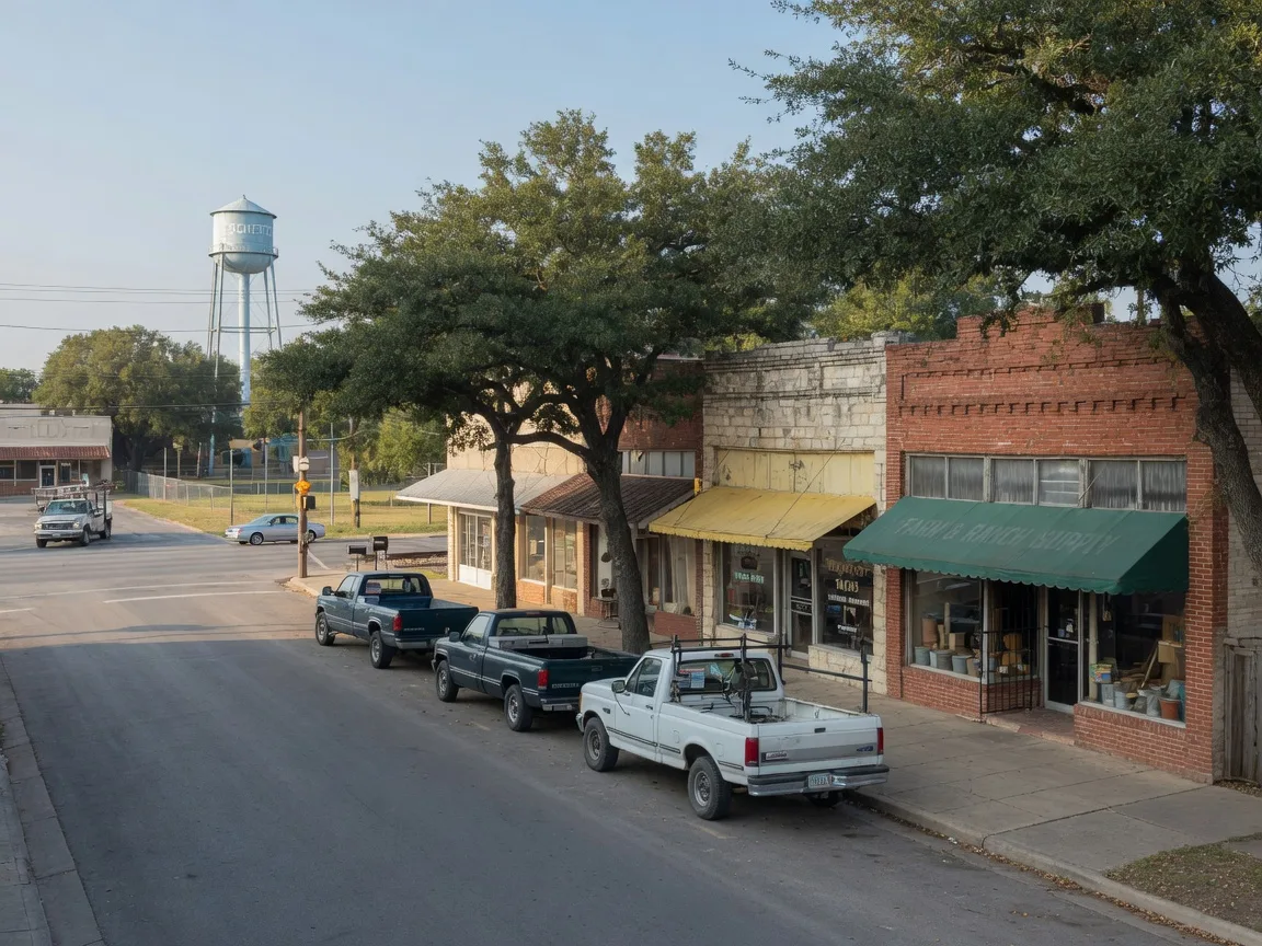 The historic Main Street core of Cibolo, Texas with older storefronts, mature oak trees and a small-town character