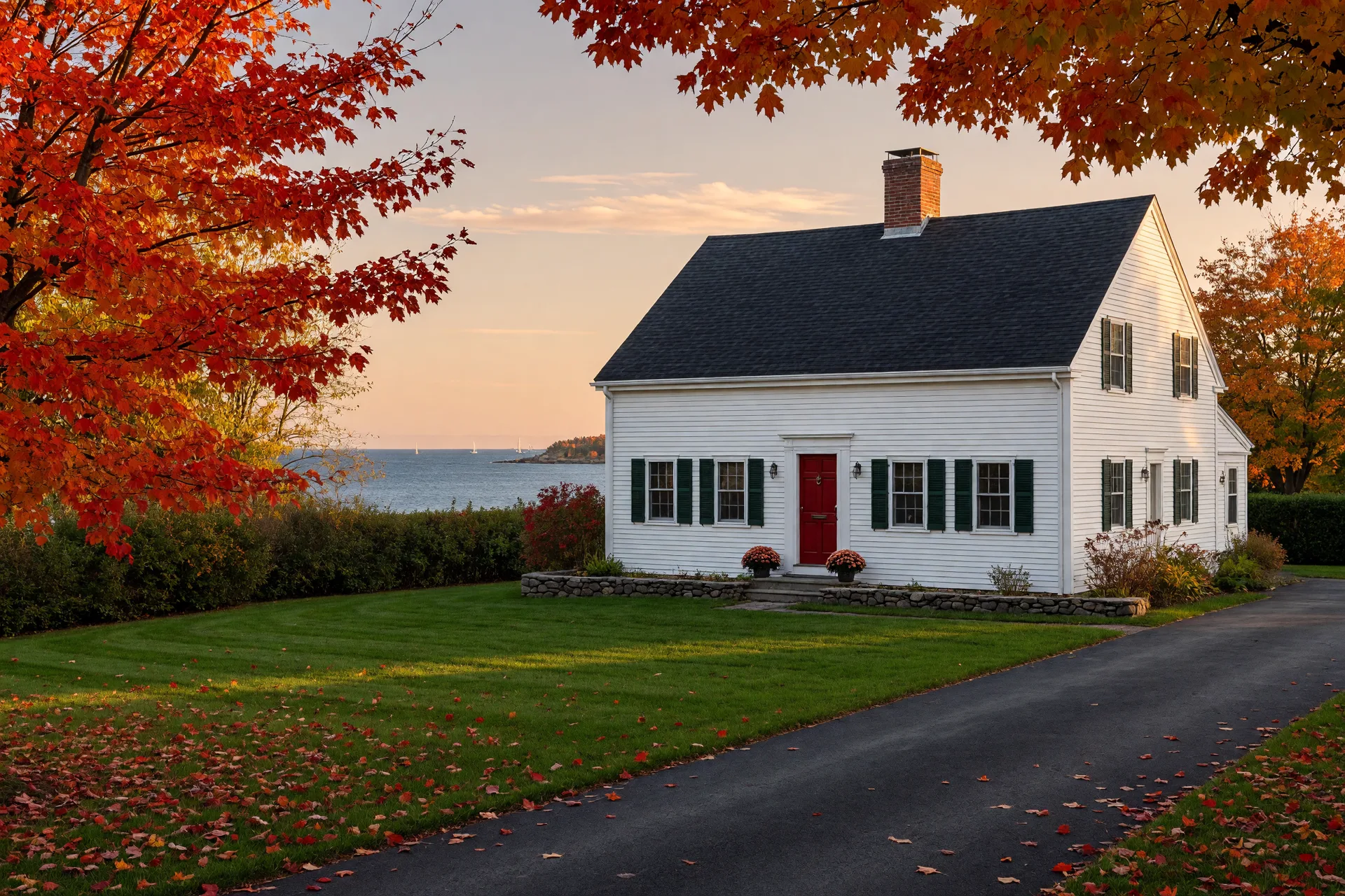 A classic New England home set among autumn trees, ready for the winter season on the North Shore